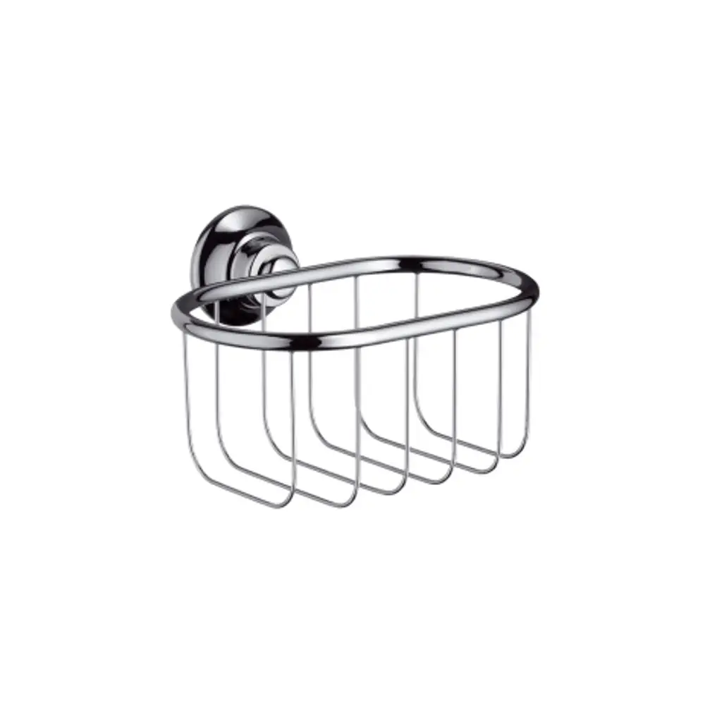 Seifenkorb aus verchromtem Metall, oval mit offenen Streben, montiert an runder Wandhalterung. Design von AXOR, geeignet für Badezimmeranwendungen.